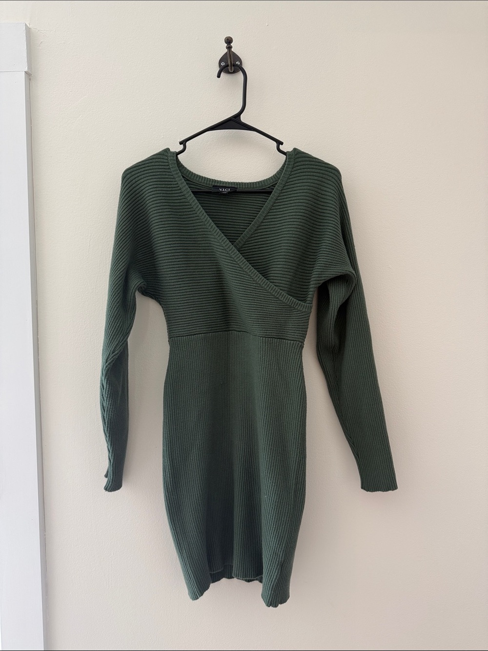 Vici Olive Green Ribbed Wrap Sweater Dress